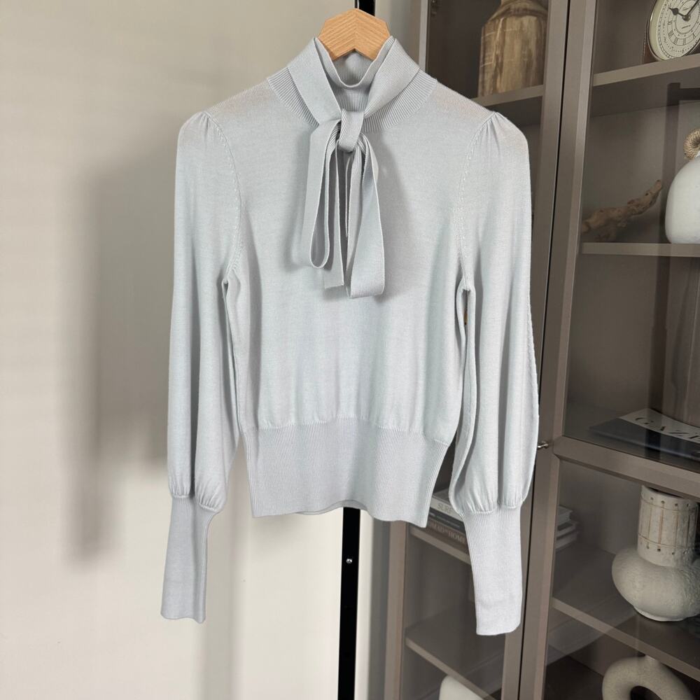 ZIMMERMANN Light Blue Merino Wool Belted Turtleneck Sweater 0 Knit Scarf Top